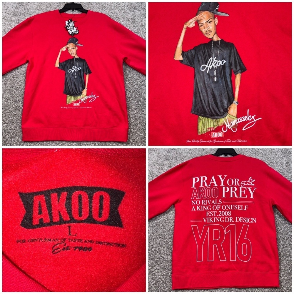 AKOO Sweatshirt Mens XL Red TI Graphic Pray or Prey Fleece Crewneck NEW